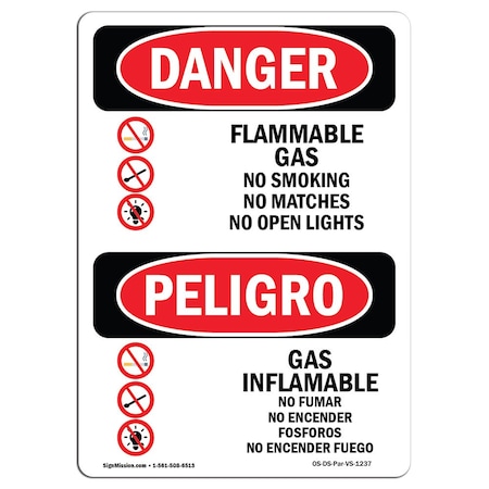 Signmission OSHA Sign, Flammable Gas No Smoking Matches Bilingual, 18in X 12in Decal, 12" W, 18" L, Spanish OS-DS-D-1218-VS-1237